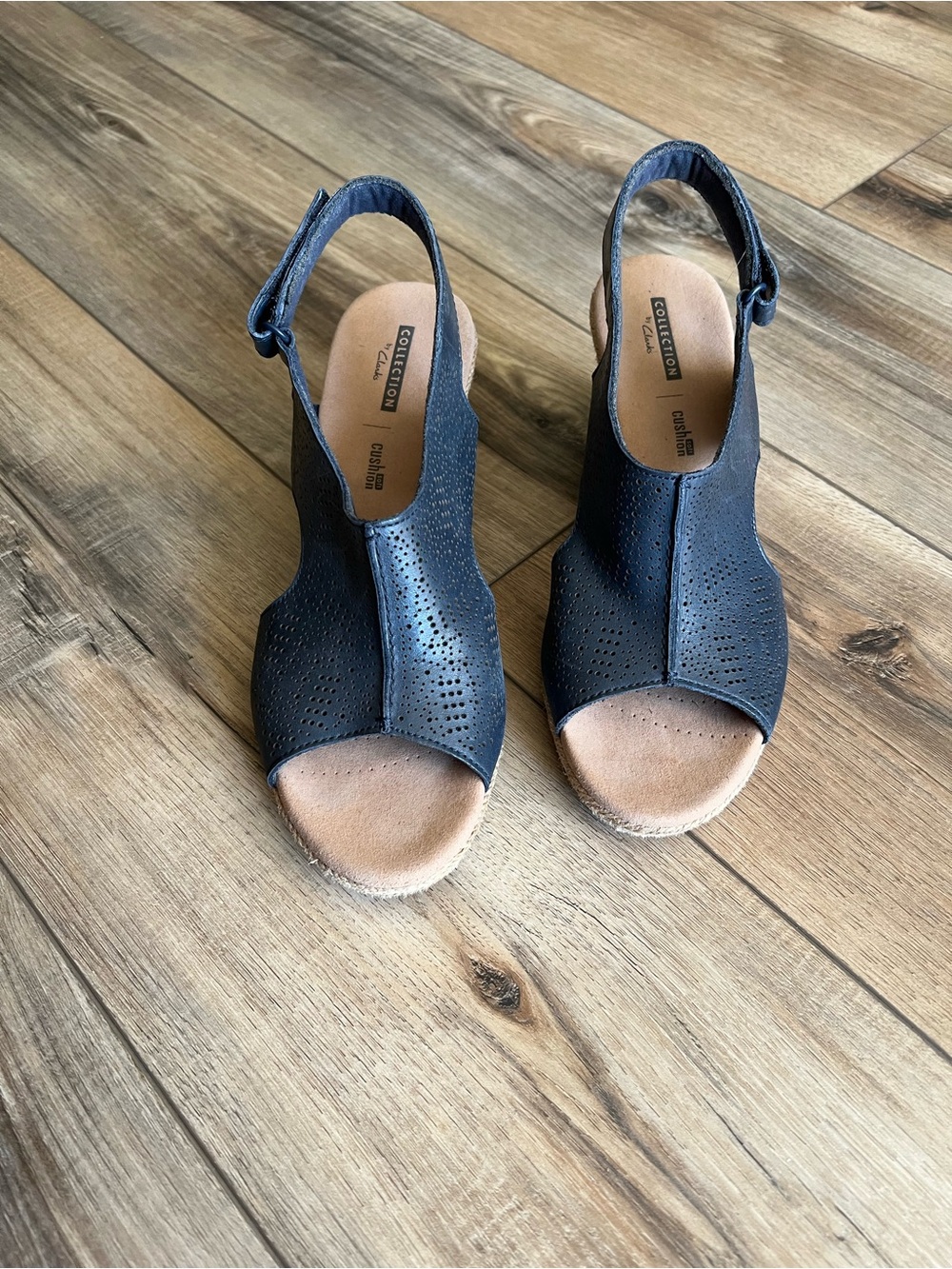 Clark’s Leather Navy Slingback Peep-Toe Wedge Sandals